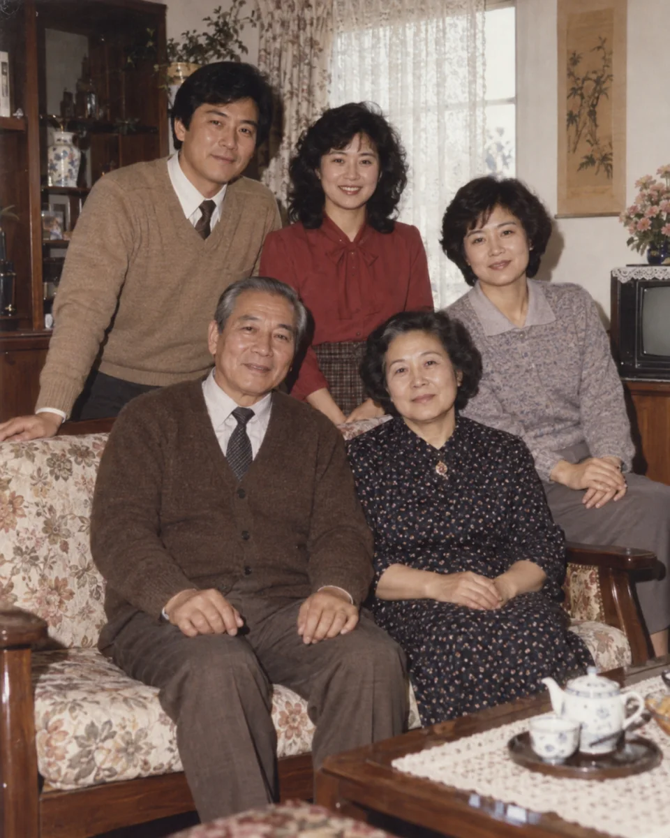 AI-created preview of five fictional adults in a multigenerational 1982 family photograph