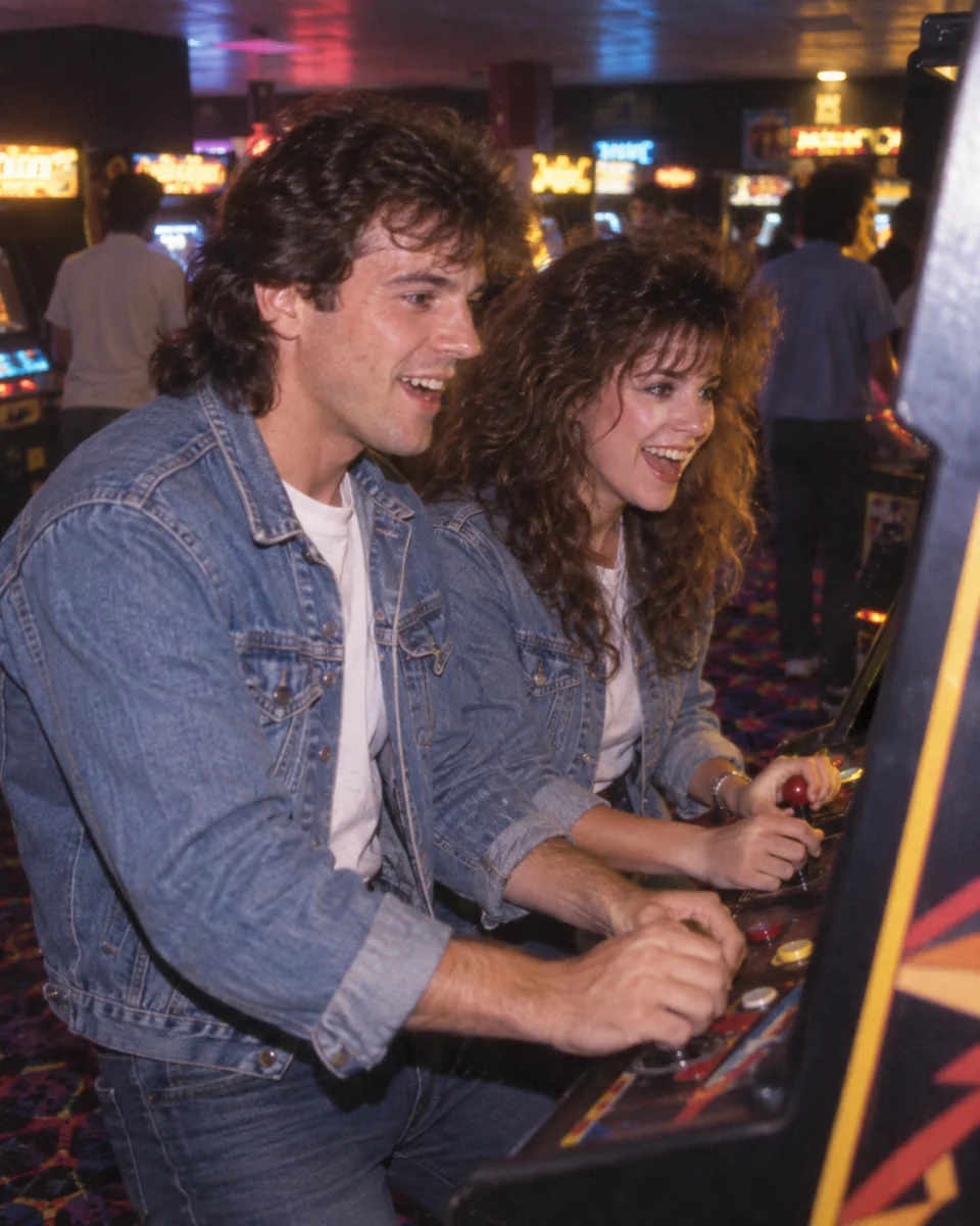 AI-created preview of two fictional adult friends in a 1984 video arcade