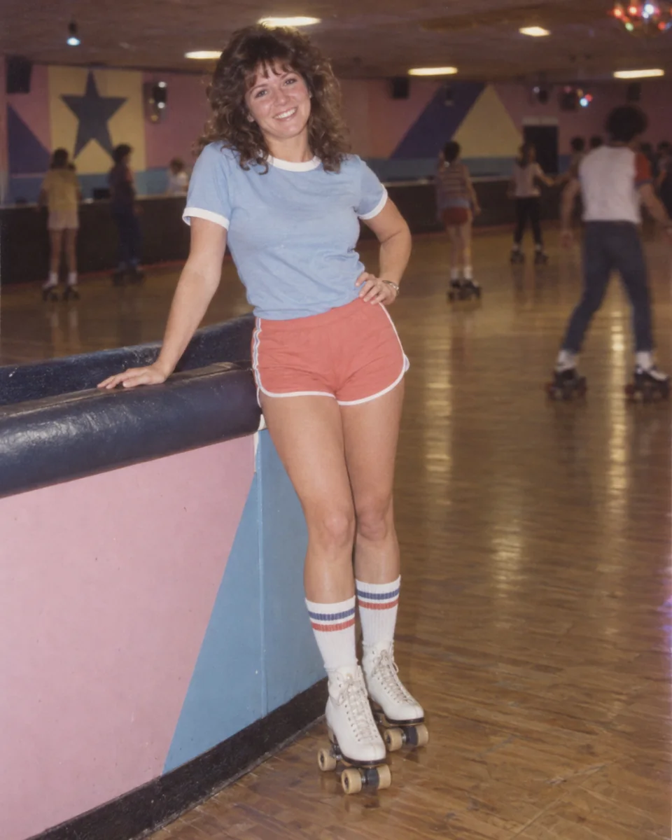 AI-created preview of a fictional adult at a pastel 1984 roller rink