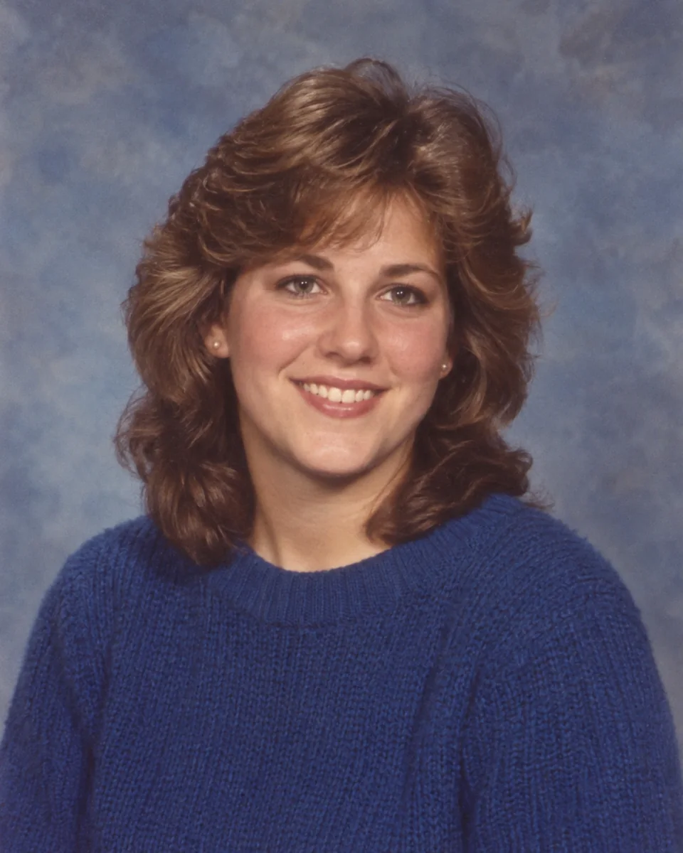 AI-created preview of a fictional adult in a 1985 yearbook-style studio portrait
