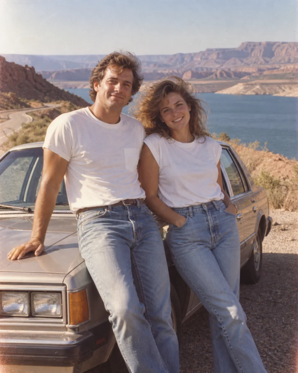 AI-created preview of a fictional adult couple in a 1986 road-trip photograph