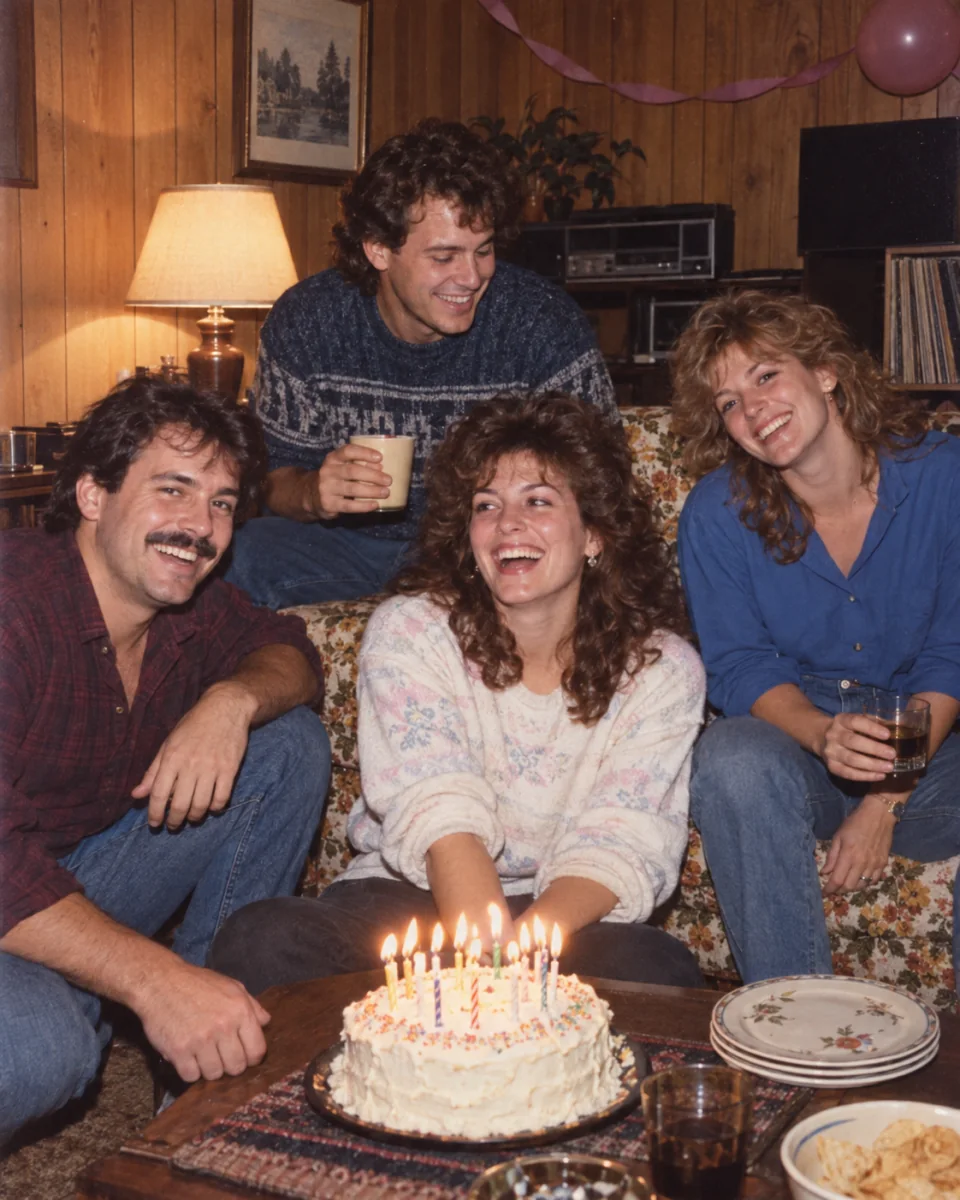 AI-created preview of fictional adult friends at a 1987 apartment birthday party