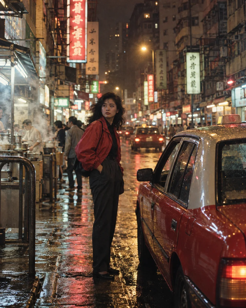 AI-created preview of a fictional adult in a rainy 1988 Hong Kong street photograph