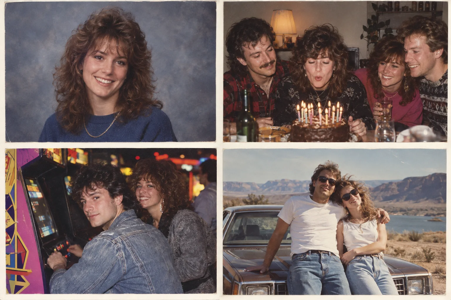 AI-created collage of fictional adults in four authentic-looking 1980s photo styles
