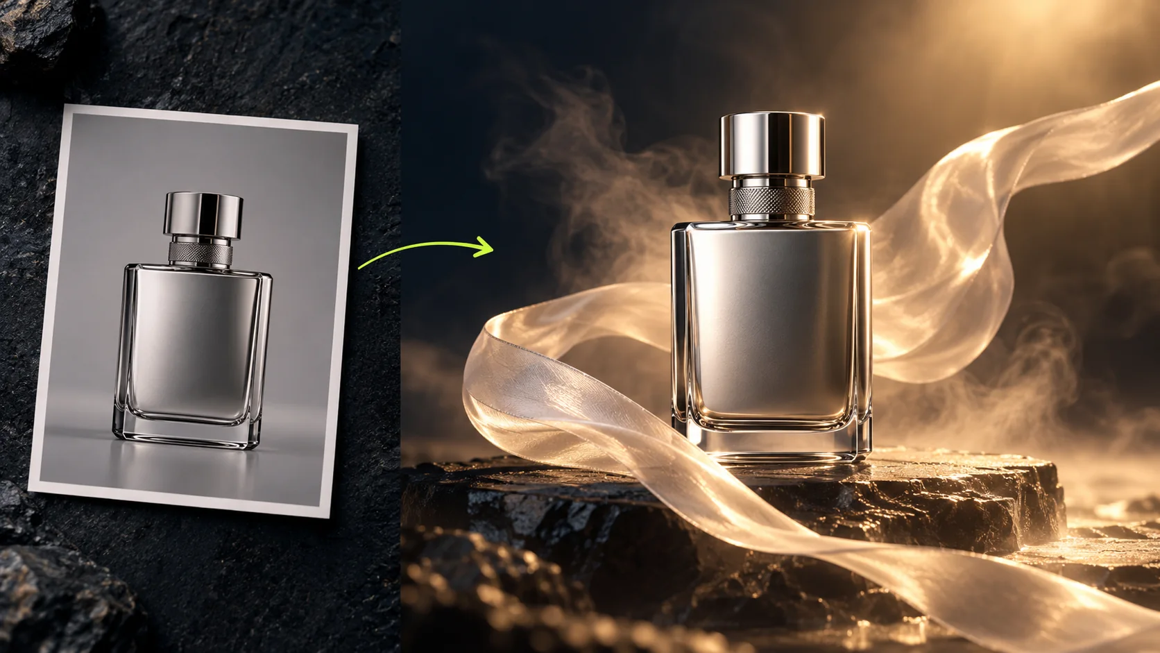 Editorial concept of a product reference image used as a visual anchor for a sequence of video frames