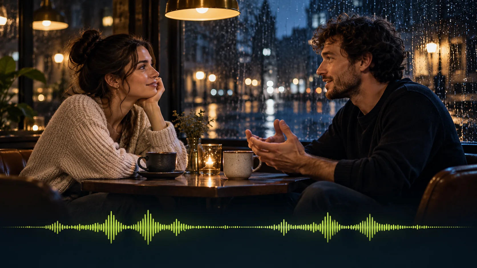 Editorial concept connecting a speaking character, a video timeline, and synchronized sound-wave tracks