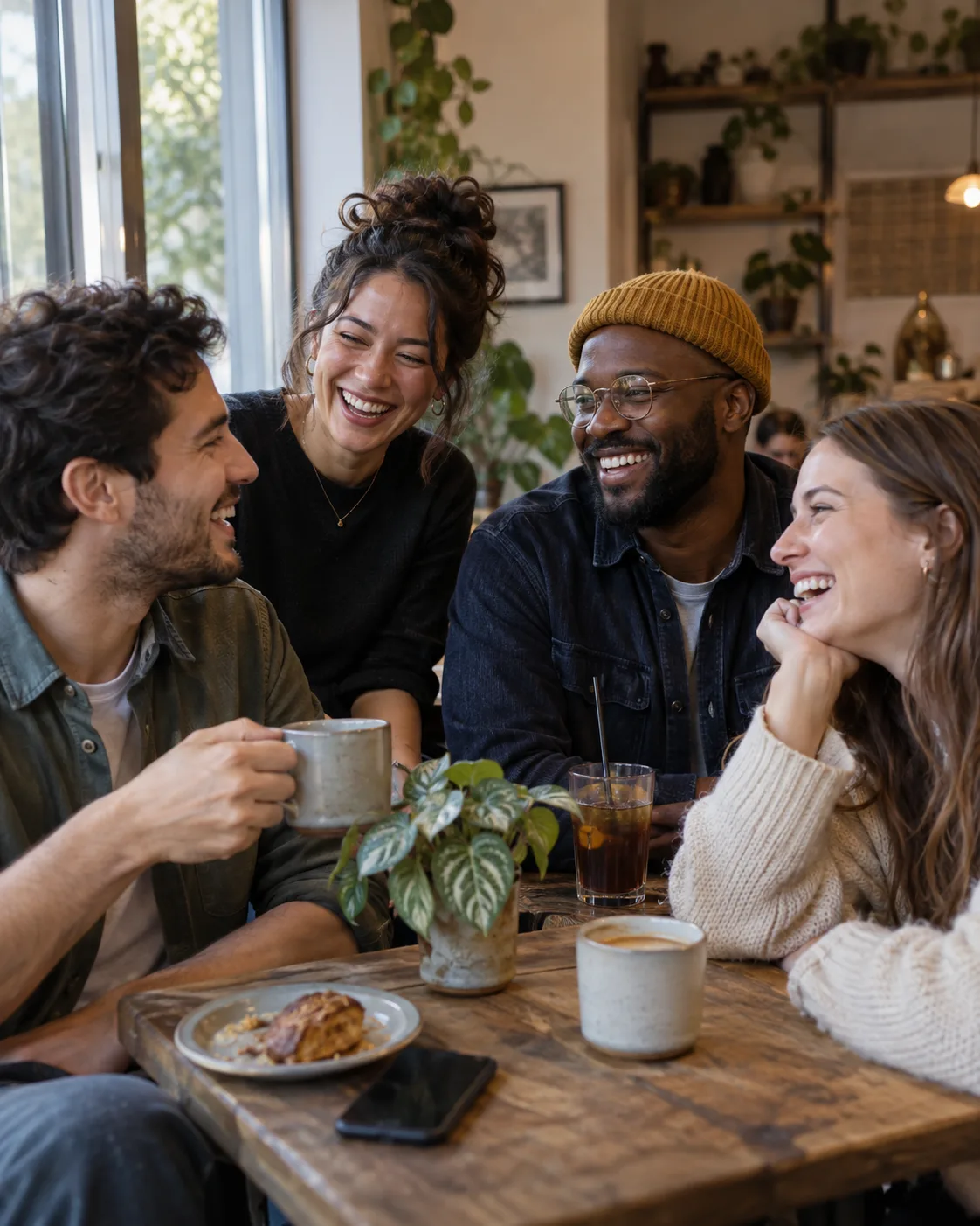 AI-created preview of fictional adult friends sharing a candid moment in a cafe