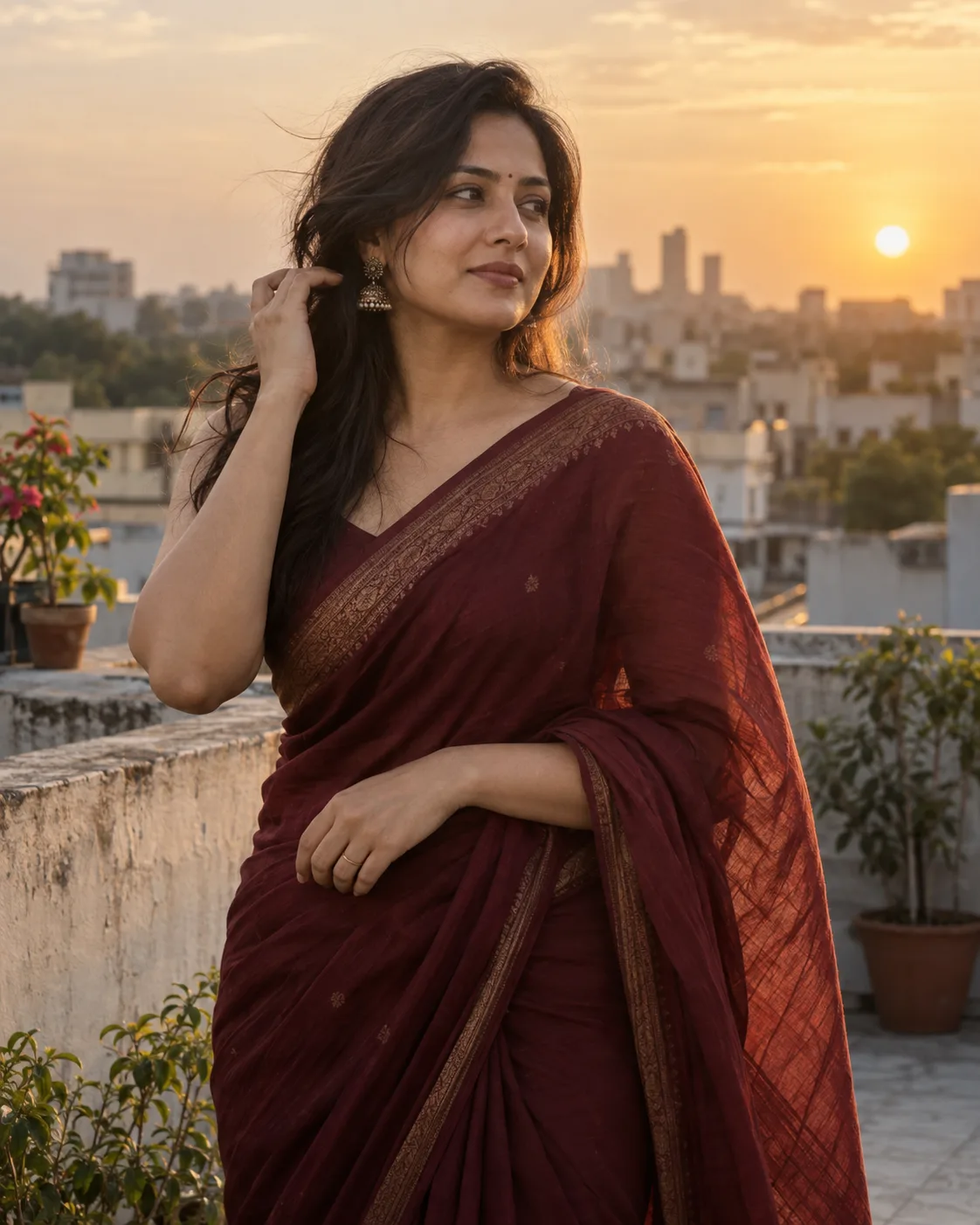 AI-created preview of a fictional adult woman in a maroon sari at golden hour
