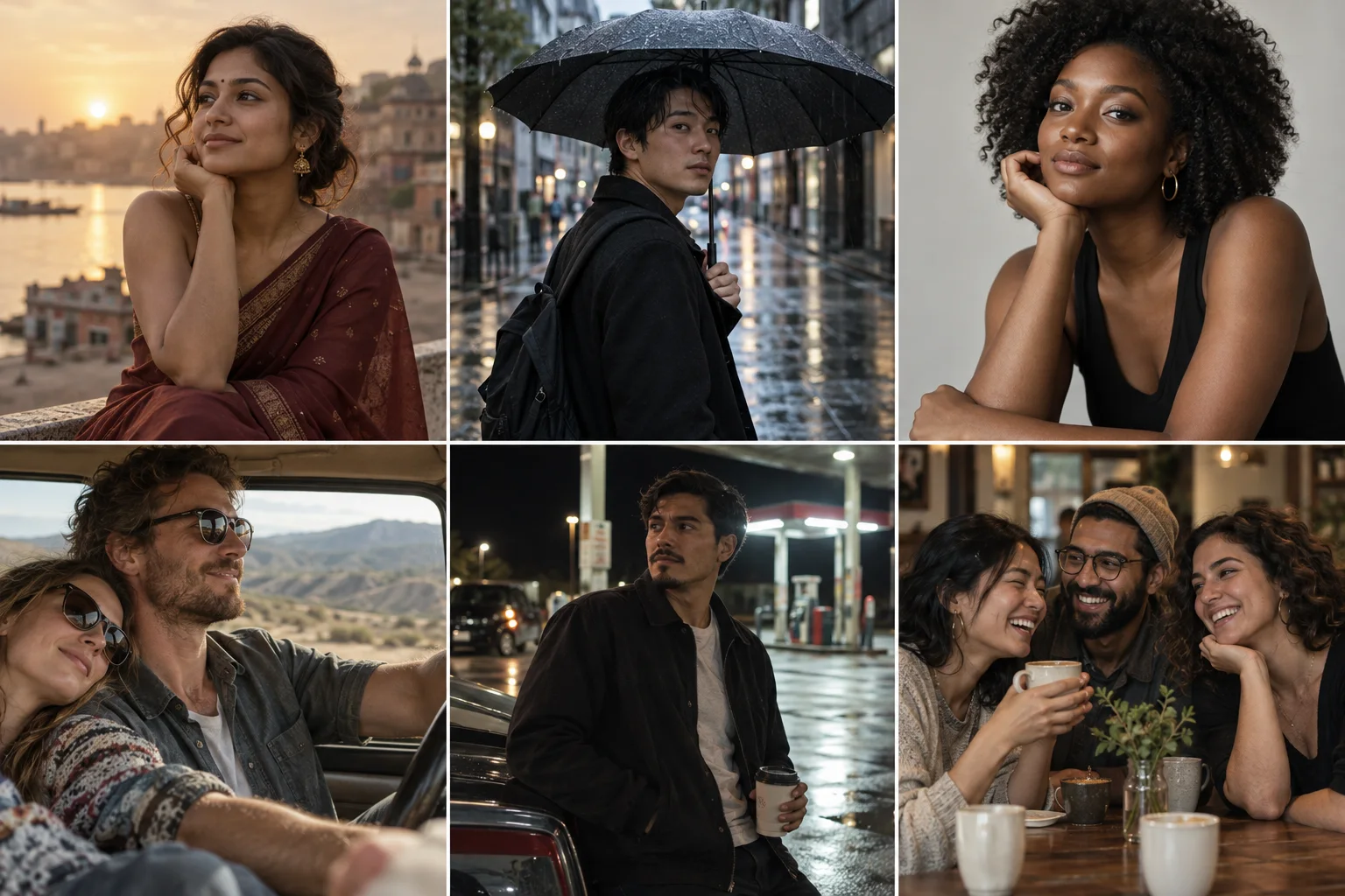 AI-created collage of fictional adults showing six original photo prompt directions