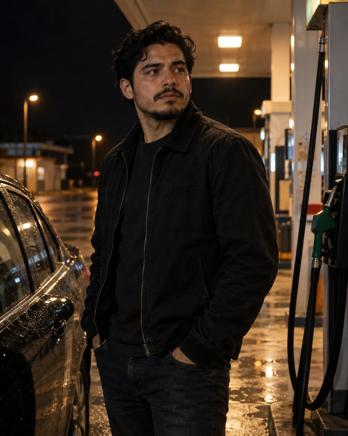 AI-created preview of a fictional adult man at a petrol station at night