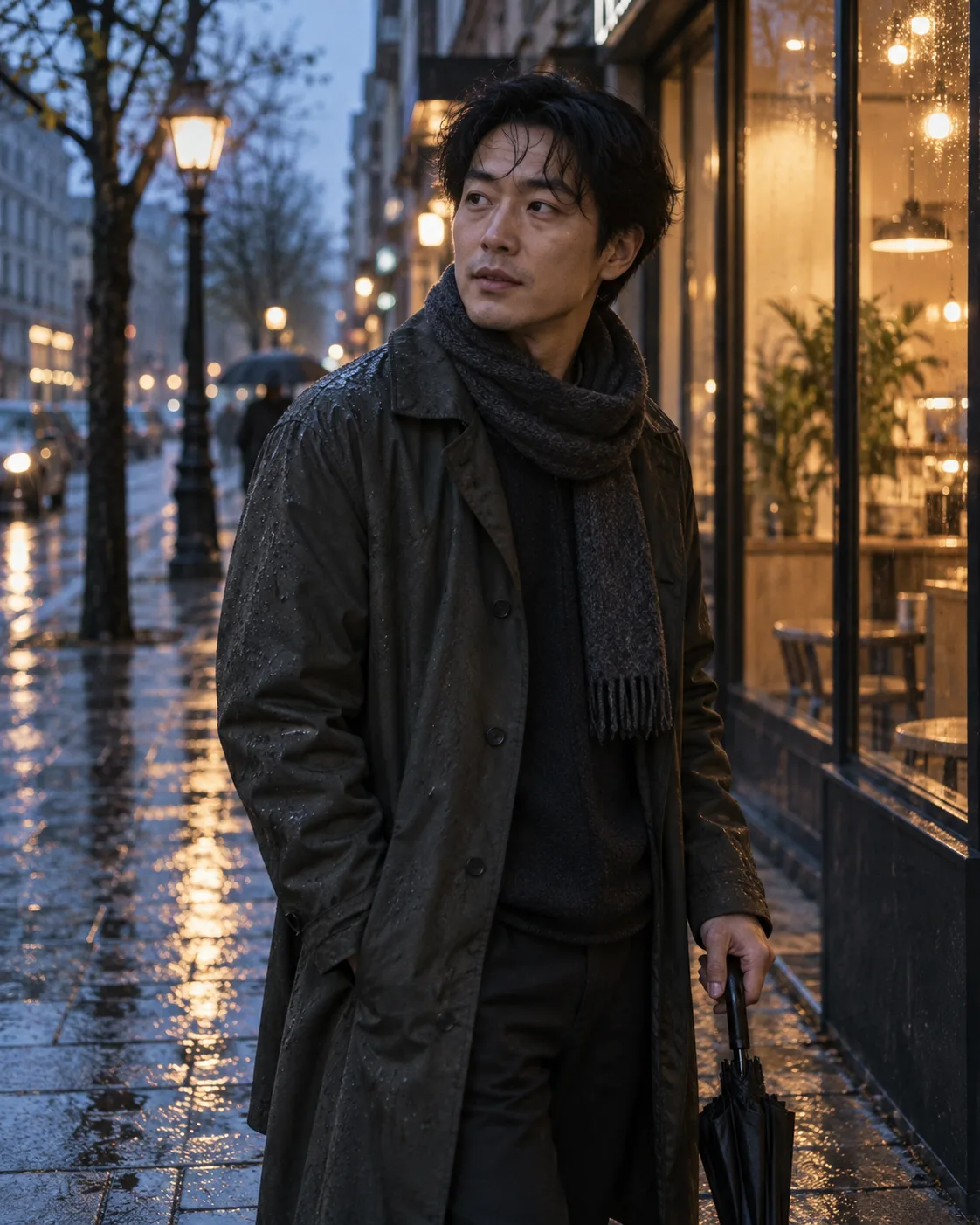 AI-created preview of a fictional adult man on a rainy city street